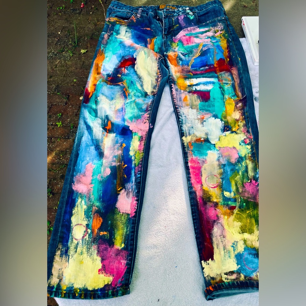 Multicolor Artistic hand painted Straight Leg Jeans-1 of a kind